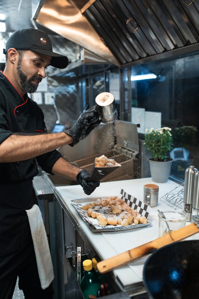 A chef sprinkles sugar over freshly fried beignets in a modern kitchen setting.